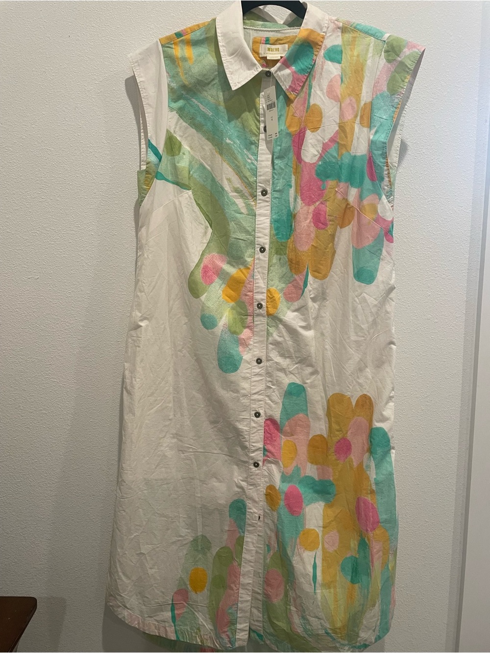 Anthropologie White Sleeveless Midi Shirt Dress with Multicolor Pastel Print